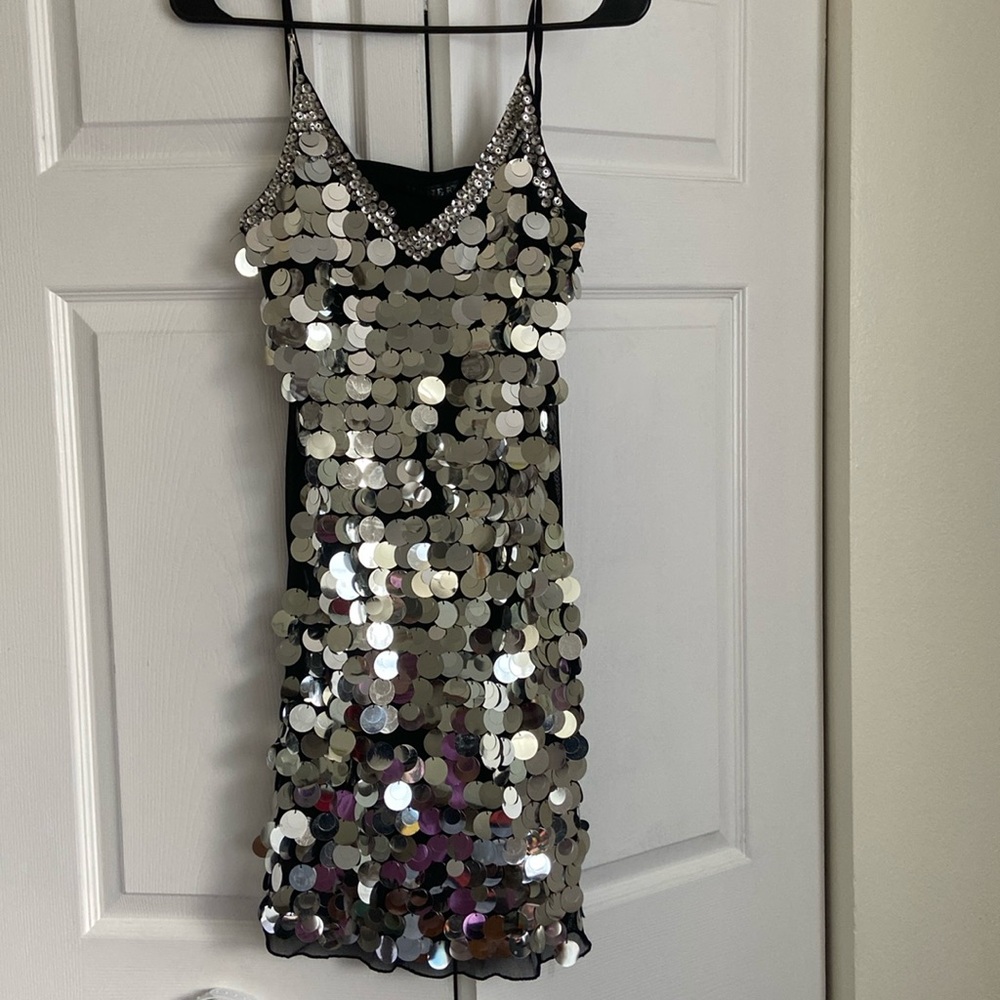 Vintage Black Silver Sequined Mini Dress Size Sm